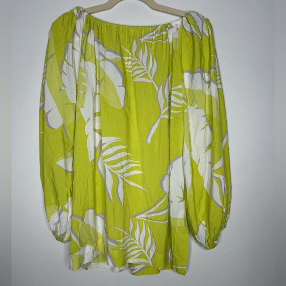 Maria & Kyndals Chartreuse Lavender White Leaf Print Blouse Tassels Tropical Med - Picture 2 of 11